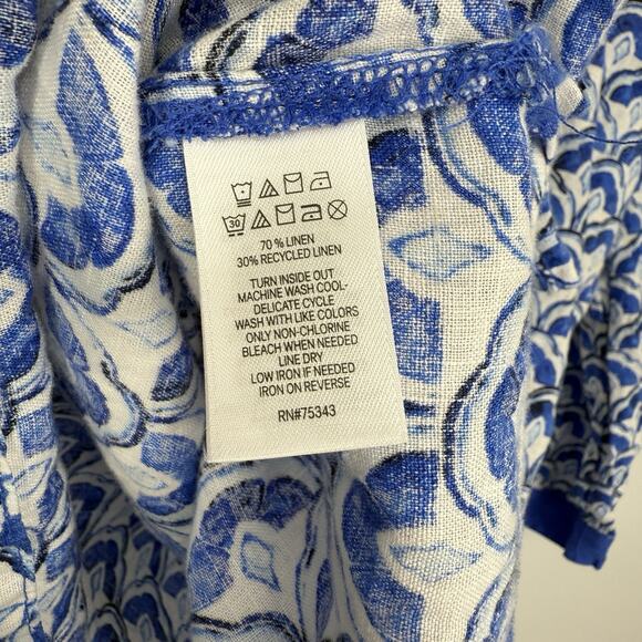 Sigrid Olsen Linen Tunic Size Large Blue Pattern V Neck 3/4 Sleeve Pullover - Picture 7 of 8